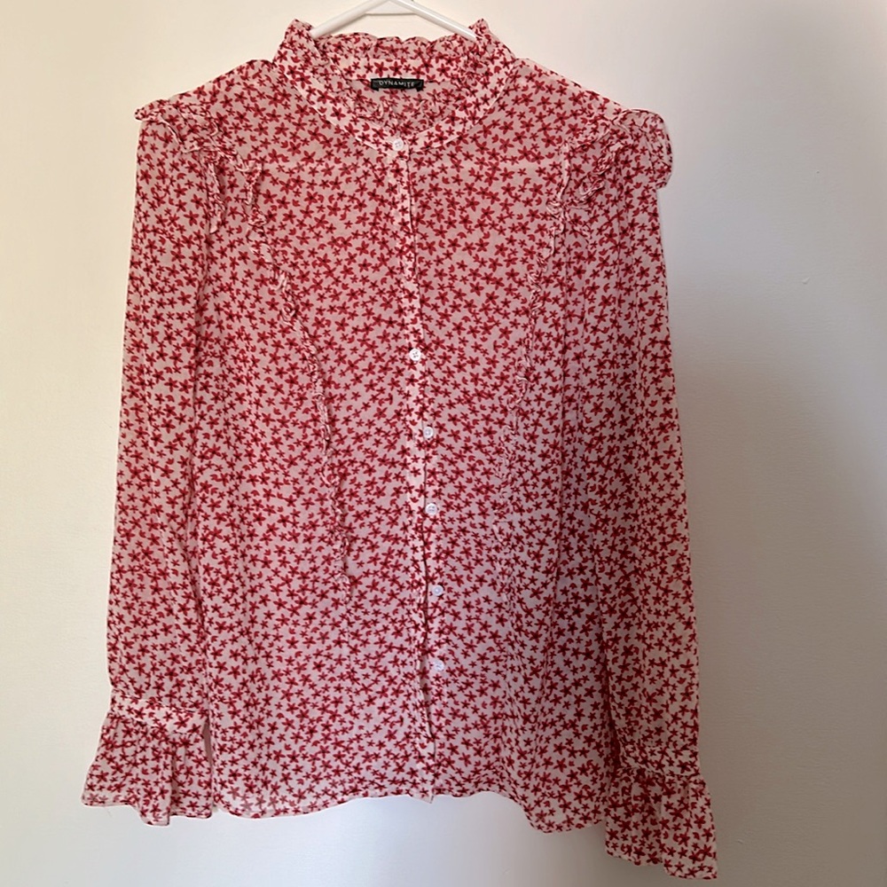 Dynamite White and Red Floral Blouse with ruffles